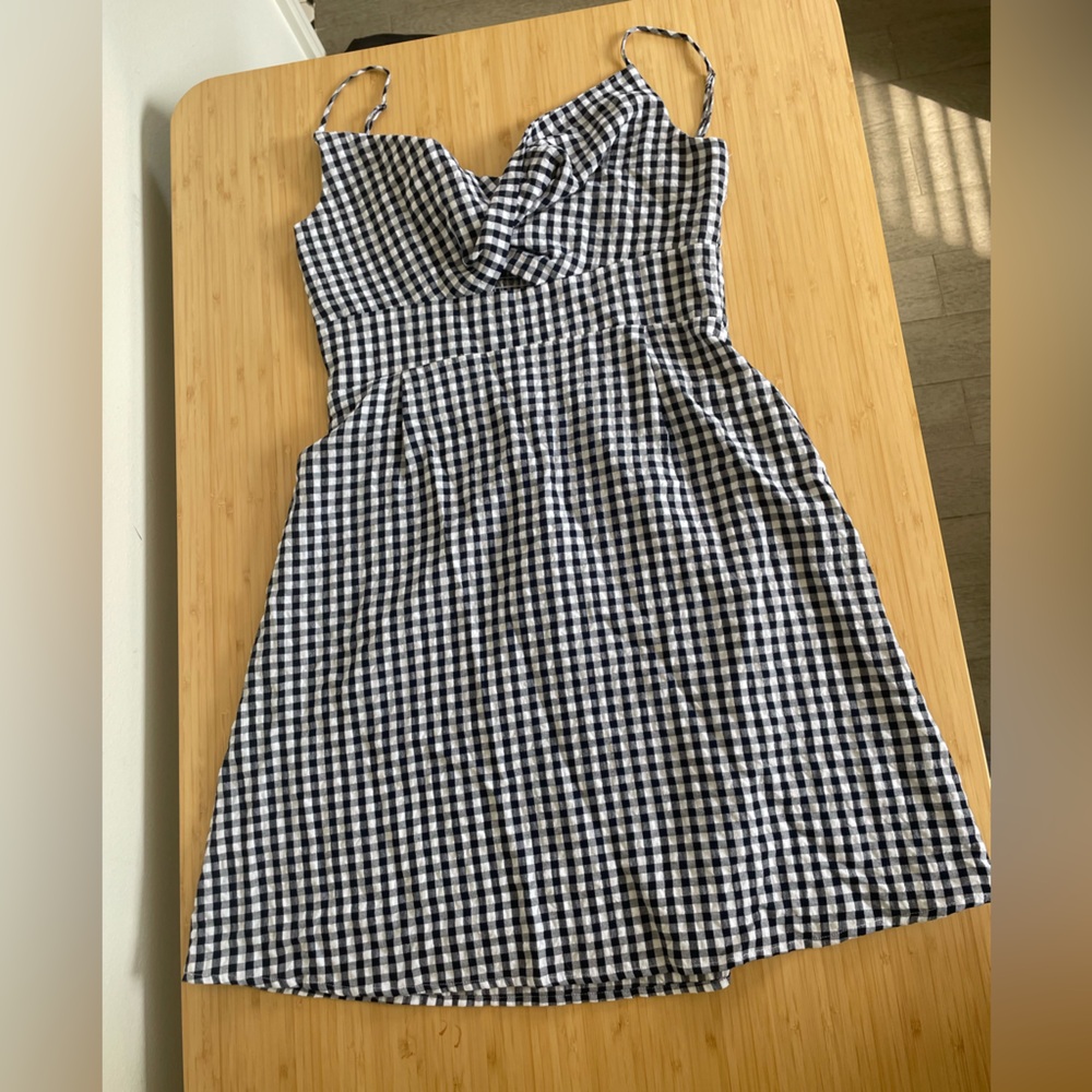 Loft Navy and White Twist Front Gingham Dress